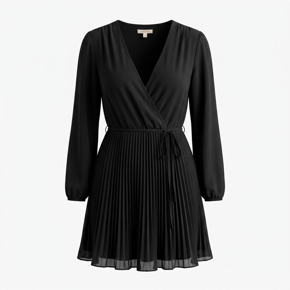 Haute Curve Pleated Wrap Mini Dress 3X Black Long Sleeve LBD Cocktail Classic